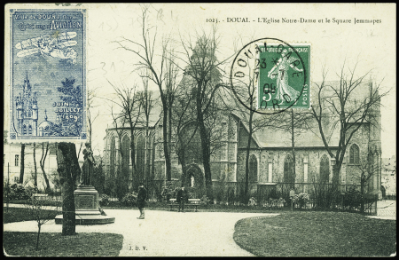 N°137 OBL Douai Gare du Nord (7.7.1909) sur carte postale avec vignette bleue "Ville de Douai Nord Concours d'aviation juin juillet 1909"