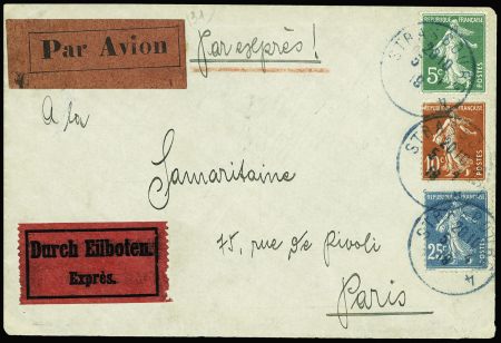 N°137 + 138 + 140 OBL CAD provisoire bleu "Strasbourg 4" (5.4.19) sur lettre pour Paris avec étiquette "Durch Eilboten Exprès" et étiquette lie de vin