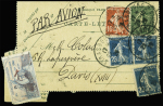 N°138 + 140, 3 pièces OBL Strasbourg 2 (29.10.20) sur entier carte lettre 15c Semeuse lignée par avion pour Paris avec étiquette Guynemer. TB