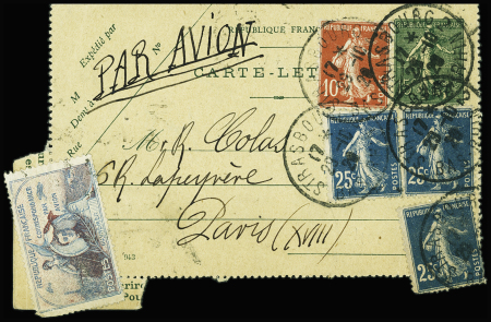 N°138 + 140, 3 pièces OBL Strasbourg 2 (29.10.20) sur entier carte lettre 15c Semeuse lignée par avion pour Paris avec étiquette Guynemer. TB