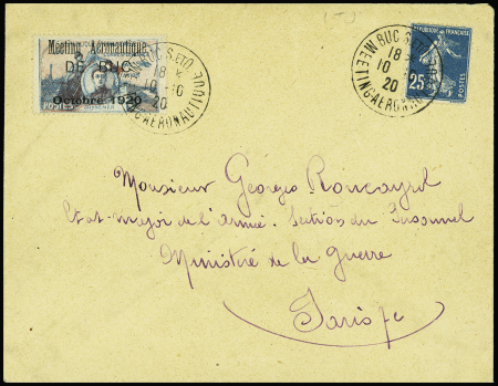 N°140 + vignette Guynemer surchargée OBL CAD "Buc S. et O. meeting aéronautique" (10.10.20) sur lettre. TB