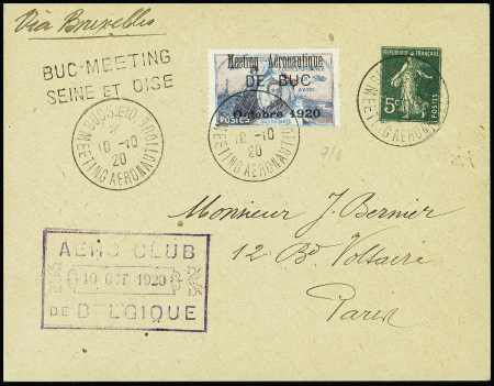 N°140 + vignette Guynemer surchargée OBL CAD "Buc S et O avec cachet rect noir "Aéro-club - 10 oct 1920 - de Belgique". TB