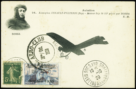N°137 + vignette Guynemer surchargée OBL CAD "Buc S et O meeting aéronautique" (10.10.20) sur carte postale "monoplan Esnault Pelterie piloté par Bobba"