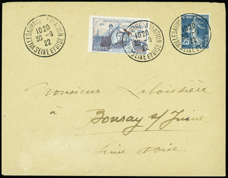 N°140 + vignette Guynemer OBL CAD "Villesauvage aviation Seine et Oise" (30.9.22) sur lettre. TB