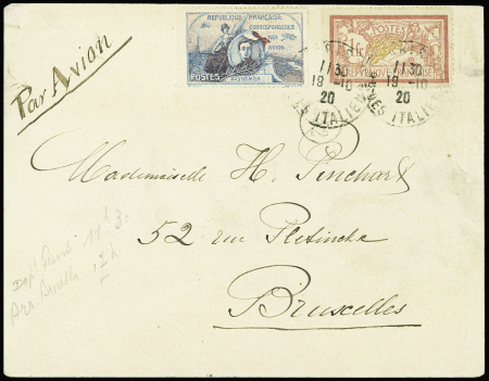 N°121 + vignette Guynemer OBL Paris (19.10.20) sur lettre par avion avec vignette Guynemer pour Bruxelles. TB