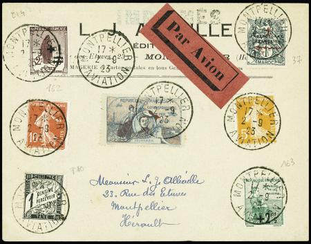 N°162 + 163 + 138 + 158 + Maroc n°37 + vignette Guynemer OBL CAD "Montpellier aviation" (2.9.23) sur lettre au tarif imprimé avec étiquette lie de vin