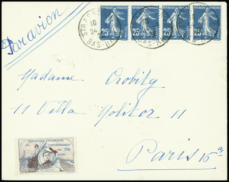 N°140 en bande de 4 OBL Strasbourg (24.3.22) sur lettre par avion pour Paris avec vignette Guynemer avec arrivée Paris même jour au verso. TB