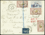 N°121, 1F Merson, 3 pièces + vignette Guynemer OBL Paris 109 (9.8.20) sur lettre par avion pour Londres avec griffe rouge "Air mail express"