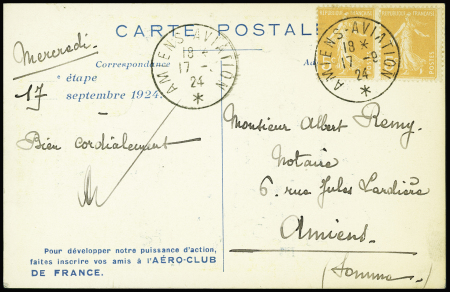 N°158 en paire OBL CAD "Amiens aviation" (17.9.24 - plus rare que l"OBL de 1923) sur carte postale du concours des avions de tourisme de l'aéro-club de France