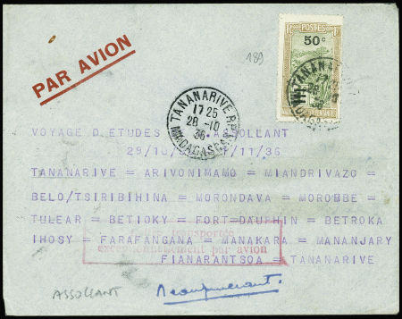 Madagascar n°189 OBL Tananarive (28.10.36) sur env. du voyage d'études d'Assollant avec signature de jean Assollant au recto et CAD de toutes les étapes