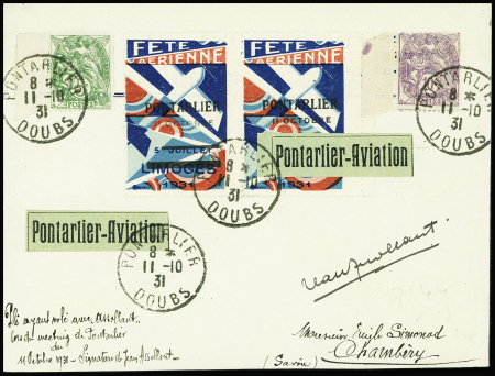 N°111 + 233 OBL Pontarlier (11.10.31) sur lettre avec 2 vignettes fête aérienne Limoges surchargées Pontarlier avec signature de jean Assollant