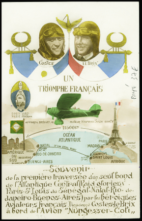Carte postale en couleurs "Un triomphe français" célébrant en novembre 1927 la traversée de l'Atlantique sud par Costes et Le Brix. TB