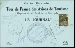 25.4/11.5 1931 Tour de France des avions de tourisme, carte postale spéciale sur carton bleu avec signatures de Maryse Bastié et de Massot