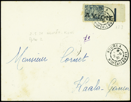Nouvelle Calédonie n°123 avec grande surcharge "avion" OBL Nouméa (2.5.31) sur lettre pour Kaala - Gomen avec au verso CAD de Kone (2.5), Voh (4.5),...
