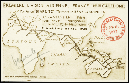 Carte postale locale bistre France - Nouvelle Calédonie raid De Verneilh - Dévé - Munch (Ed. Ballande, Nouméa) avec cachet privé rouge "Plaine de la Tontouta"
