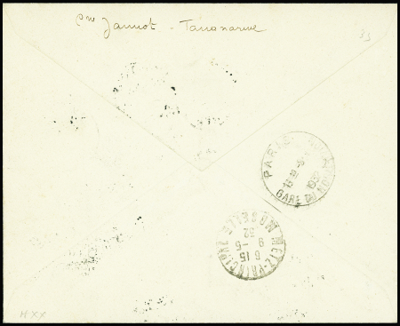 Madagascar n°184 + 187 + 192 OBL Tananarive (7.4.32) sur lettre recommandée du raid Madagascar - France par Maryse - Hilsz, avec signature de Maryse Hilsz