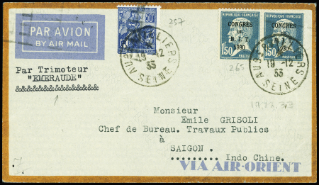 21/29.12.1933 France - Indochine par l'Emeraude, lettre AFF n°257 + 265 en paire (Muller n°323). TB