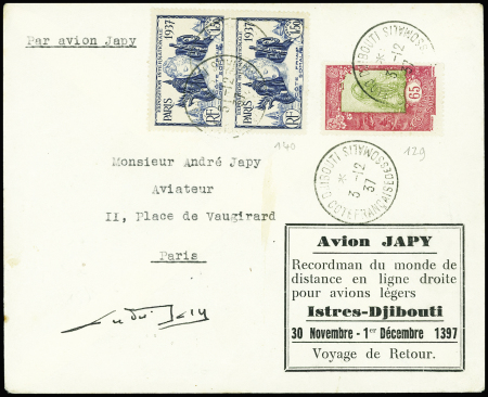 3/7.12.1937 Djibouti - France par Japy, env. avec cachet rect noir imprimé "avion Japy Istres - Djibouti" avec date erronée "1397" au lieu de "1937"