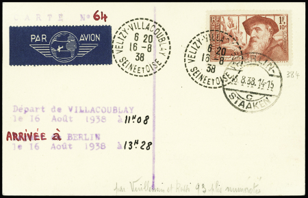 Carte spéciale "16 Août 1938. Visite du Général Vuillemin à l'aviation allemande. Vol Villacoublay Berlin cachets même jour départ et arrivée. Muller 