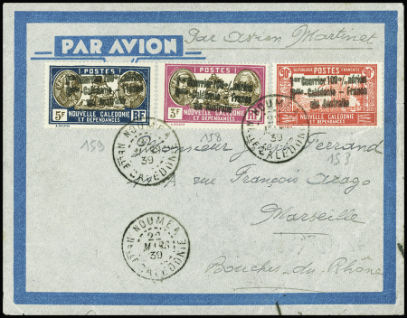 23.3.1939 Nouvelle Calédonie - France par Martinet, lettre avec AFF Nouvelle-Calédonie n°153 + 158 + 159 avec surcharge locale 3 lignes
