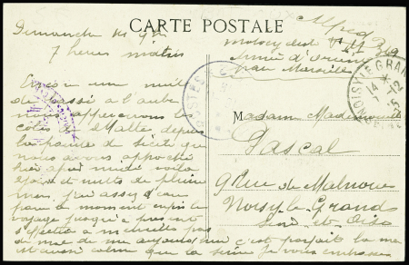 Carte postale en franchise représentant le paquebot Dumbéa avec cachet violet avec déesse assise