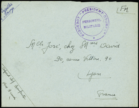 Lettre en franchise avec cachet violet «PAQUEBOT PRESIDENT DOUMER PERSONNEL MILITAIRE», et mention manuscrite «EXPEDITION DE NORVEGE» (NARVIK-PRINTEMPS 1940)