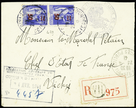 N°479 en paire OBL Dinan Côtes du Nord (1941) sur une lettre adressée au maréchal Pétain et recommandée d'office à Paris VII services publics. TB