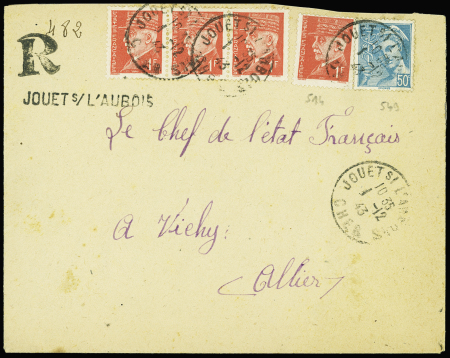 N°514, 4 pièces + 549 OBL Jouet s/ l'Aubois Cher (1943) sur lettre avec griffe de recommandation provisoire adressée au maréchal Pétain à Vichy. TB