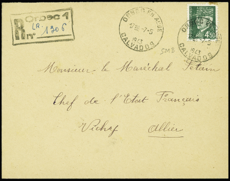N°521B OBL horoplan "Orbec en Auge Calvados" (7.5.1943) sur lettre avec griffe de recommandation provisoire adressée au maréchal Pétain à Vichy. TB