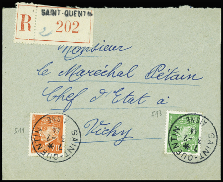 N°511 + 513 OBL Saint Quentin Aisne (3.2.44) sur lettre recommandée d'office adressée au maréchal Pétain à Vichy. TB