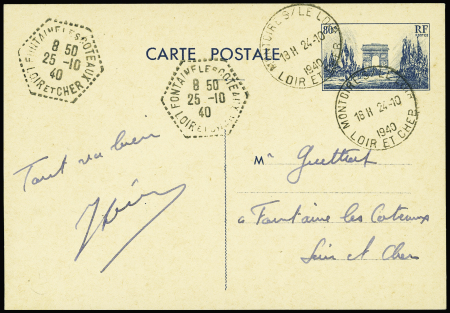 Entier carte postale 80c bleu Arc de Triomphe OBL CAD horoplan "Montoire s/ le Loir Loir et Cher (24.10.1940 - jour de la rencontre Pétain - Hitler)