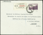 Argentine : n°378 OBL Oblitération BUENOS AIRES (1941) sur lettre recommandée adressée au général De Gaulle à Londres avec au verso mention imprimée