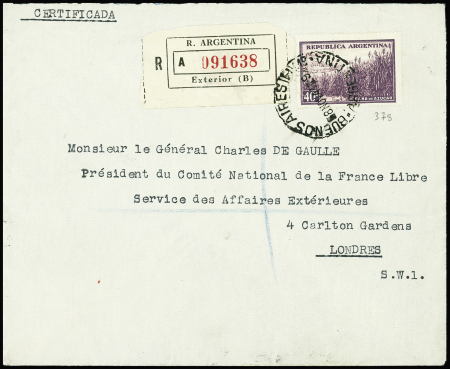 Argentine : n°378 OBL Oblitération BUENOS AIRES (1941) sur lettre recommandée adressée au général De Gaulle à Londres avec au verso mention imprimée