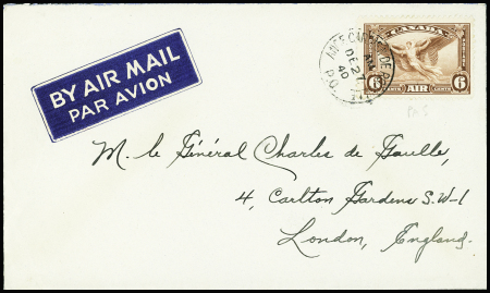 Canada: PA n°5 OBL (dec 1940) sur lettre adressée au général De Gaulle à Londres. TB