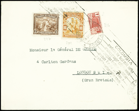 Colombie : n°291 + 327+ 334 OBL Bogota (1942) sur lettre adressée au général De Gaulle à Londres avec au verso mention imprimée