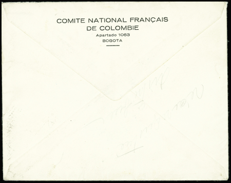 Colombie : n°291 + 327+ 334 OBL Bogota (1942) sur lettre adressée au général De Gaulle à Londres avec au verso mention imprimée