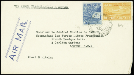 Cuba n°259 + Pa n°9 OBL LA HAVANE (1941) sur lettre avec au verso mention imprimée "COMITE DES FRANCAIS LIBRES DE CUBA O REILLY 455 (ALTOS) HABANA"