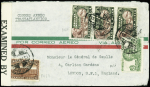 Mexique : PA n°61 + PA n°64 + PA n°67 OBL Bande de 3 OBL Mexico sur lettre censurée adressée au général de Gaulle à Londres. TB