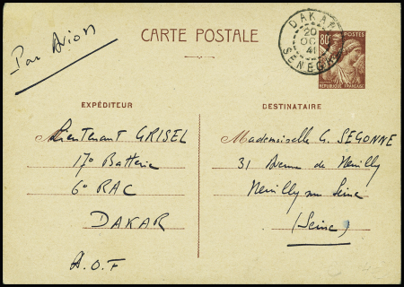 Entier carte postale 80c Iris OBL CAD "dakar Sénégal" (oct 1941). TB