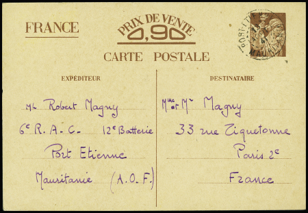 Entier carte postale 90c Iris interzones OBL CAD "Port-Etienne Mauritanie" (1941). Rare