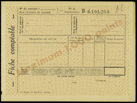 Entier Carte postale 1F20 Pétain . avec fiche de 1000 points textiles (PET D9a) neuve. TB