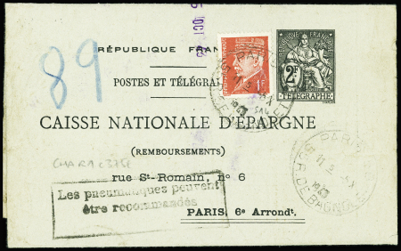 Entier postal pneumatique Caisse d'Epargne 2F + 2F noir avec n°5 14 en complément Oblitération Paris (1943) (CHA R1), TB