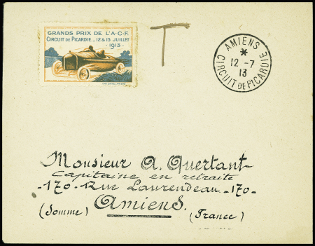 Lettre avec CAD «AMIENS CIRCUIT DE PICARDIE» (1913) sur lettre avec vignette «GRANDS PRIX DE L'A.C.F. CIRCUIT DE PICARDIE 12 ET 13 JUILLET 1913». TB