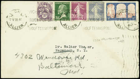N°243 + 174 + 190 + 237 + 263 OBL mec "Vichy Allier" (17.5.1930) avec flamme "Vichy France Queen of spas golf tennis polo" sur lettre pour New-York