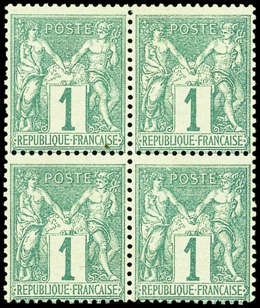 N°61 1c vert, BLOC de 4, neuf *, froissure de g. sur paire sup. et inf. point roux, PAIRE inf. TB