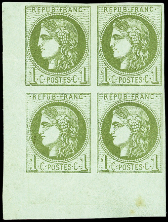 N°39B 1c olive, R II, BLOC de 4 cdf, froiss. s. paire sup., neuf *, B/TB