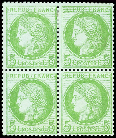 N°53 5c. vert-jaune sur azuré, BLOC de 4, neuf *, TB