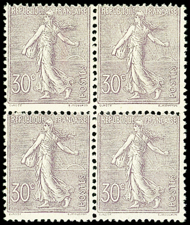 N°133 Semeuse Lignée, 30c. violet, BLOC de 4, neuf **, infime ch. sur paire supérieure, TB