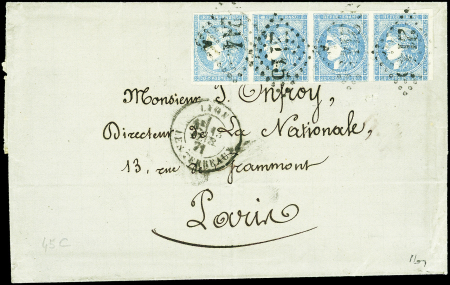 N°45C 20c bleu clair, T II, R III, BANDE de 4 obl. GC 2145A Lyon les Terreaux 13/2/71 s. LAC, 1 ex. touché sinon plaisant
