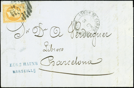 N°23 40c orange, obl. cachet Espagnol Cercle de Barres 2 s. LAC de MARSEILLE 29/3/65, cachet ADMON DE CAMBIO BARCELONA 3 Ctos, arr. BARCELONA 31/3, TB